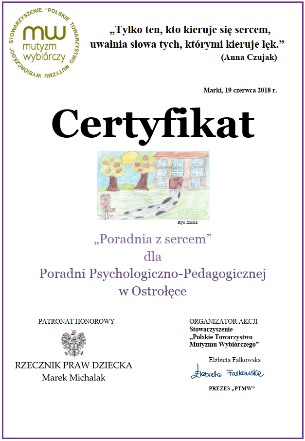 Certyfikat „Poradnia z sercem” dla Poradni Psychologiczno-Pedagogicznej w Ostrołęce